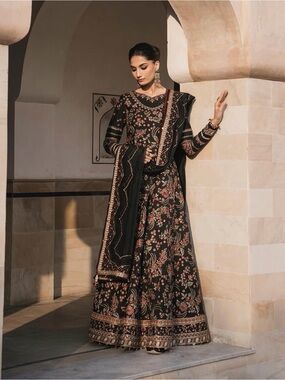 Elegant Black Floral Lawn Maxi Dress with Embroidered Accent